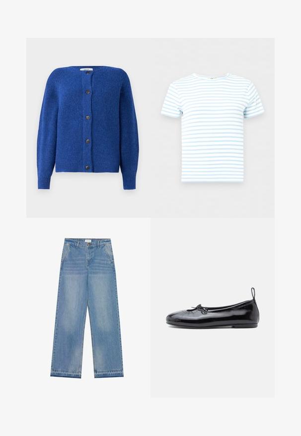 Blauwe gebreide cardigan met een ronde halslijn, lange mouwen en zes zwarte knopen aan de voorkant. Gestructureerde stof met een zachte afwerking.; Korte mouwen, geribd crop top met lichtblauwe en witte horizontale strepen, ronde hals, getoond op een effen achtergrond.; Lichtblauwe hoge taille wijde jeans met een knoopsluiting, voorzakken, riemlussen en subtiele vervaagde details.; Zwarte gepoetste leren balletschoenen met een ronde neus, een klein strikje en een gladde textuur; heeft een lage platte zool en een lusje aan de hiel.