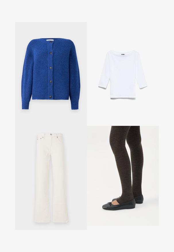 Blå strikket cardigan med rund halsudskæring, lange ærmer og seks sorte knapper foran. Teksturstof med en blød finish.; Hvid skjorte med trekvartlange ærmer lavet af bomuldsblandingsstof; har en bred bådudskæring og en glat, let tekstur.; Hvide flared jeans lavet af denim, med høj talje, fem lommer og dobbelt syninger, samt hardware-accenter i kobbertone.; Ben iført mørke ribbede leggings kombineret med sorte balletsko med små sløjfedetaljer på hvid baggrund.