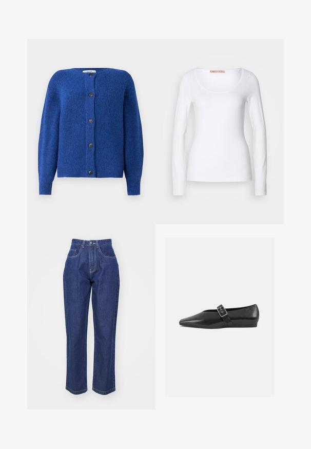 Blau gestrickte Strickjacke mit rundem Ausschnitt, langen Ärmeln und sechs schwarzen Knöpfen vorne. Texturiertes Gewebe mit weichem Finish.; Langärmliges, weißes Baumwoll-T-Shirt mit einem U-Ausschnitt und einer figurbetonten Passform, glatter Textur und ohne Verzierung.; Dunkelblaue Jeans aus Denim mit hoher Taille, geradem Bein, fünf Taschen und Kontrastnähten. Klassisches Design mit glatter Textur.; Schwarze Lederflachschuhe mit spitzem Zehenbereich, ausgestattet mit einem metallischen Riemen über dem Spann und einer niedrigen, flexiblen Sohle.
