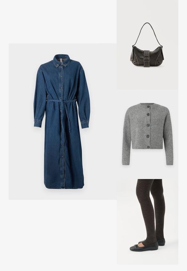Cárdigan corto gris con textura acanalada, cuello redondo y seis botones oscuros en la parte delantera. Mangas largas con puños acanalados.; Vestido de camisa de mezclilla en azul oscuro, con un frente de botones, cuello, mangas largas, cintura elástica con un cinturón a juego y bolsillos laterales.; Piernas con leggings oscuros acanalados combinados con bailarinas negras que presentan pequeños detalles de lazo sobre un fondo blanco.; Bolso de hombro de cuero negro con detalle de correa con hebilla, bordes curvos y costuras blancas en contraste sobre un fondo liso.