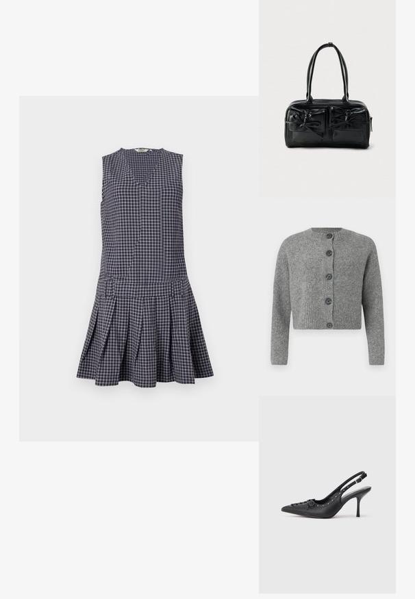 Cárdigan corto gris con textura acanalada, cuello redondo y seis botones oscuros en la parte delantera. Mangas largas con puños acanalados.; Vestido de cuadros en navy con escote en V, diseño sin mangas, falda con plisados y cintura estructurada. Hecho de una tela ligera.; Sandal de tacón stiletto negro de cuero con punta afilada, correa lateral con hebilla, tachuelas a lo largo del borde y cordones decorativos en la parte delantera.; Bolso de mano de cuero negro con dos bolsillos frontales y detalles de lazos, con asas resistentes y una forma rectangular estructurada.