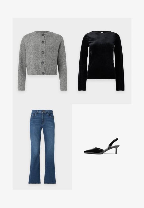 Grauer, kurzer Strick cardigan mit gerippter Textur, rundem Ausschnitt und sechs dunklen Knöpfen vorne. Lange Ärmel mit gerippten Bündchen.; Schwarzes Langarmshirt aus weichem, glattem Stoff mit Rundhalsausschnitt und figurbetonter Silhouette. Keine sichtbaren Verschlüsse oder Muster.; Ausgestellte blaue Denim-Jeans mit hoher Taille, fünf Taschen und kontrastierenden Nähten. Mit einem Knopf- und Reißverschlussverschluss, leicht verwaschenem Textur.; Schwarze Lackleder-Slingback-Pumps mit spitzem Fuß, niedrigem Stiletto-Absatz und einem eleganten, schlichten Design ohne Verzierungen.