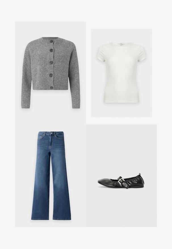 Grauer, kurzer Strick cardigan mit gerippter Textur, rundem Ausschnitt und sechs dunklen Knöpfen vorne. Lange Ärmel mit gerippten Bündchen.; Schlichtes weißes, tailliertes T-Shirt mit kurzen Ärmeln und rundem Halsausschnitt, auf neutralem Hintergrund dargestellt.; Breite, blaue Jeans mit weitem Bein, die einen normalen Bund, Vorderaschen und eine glatte Textur aufweisen. Keine sichtbaren Muster oder Verzierungen.; Schwarze Leder-Ballerinas mit spitzem Zehenbereich, gerafften Details am Schaft und einem silbernen Schnallenakzent am verstellbaren Riemen.