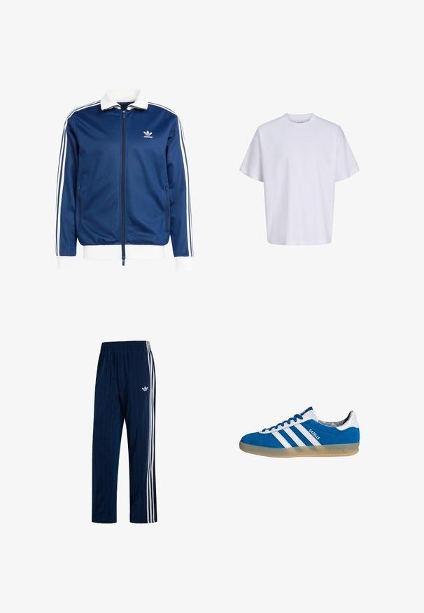 Blå sportslig lynlåsjakke med hvid krave og manchetter, der har tre hvide striber ned ad ærmerne og et Adidas-logo på brystet.; Simpel hvid oversized t-shirt med korte ærmer, rund hals og løs pasform mod en hvid baggrund.; Mørkeblå Adidas træningsbukser med hvide tre striber på siderne og elastisk taljebånd, med hvid trekløverlogo på venstre lår.; Blå og hvide Adidas Gazelle sneaker med gummisål og tre hvide striber, set fra siden på en hvid baggrund.