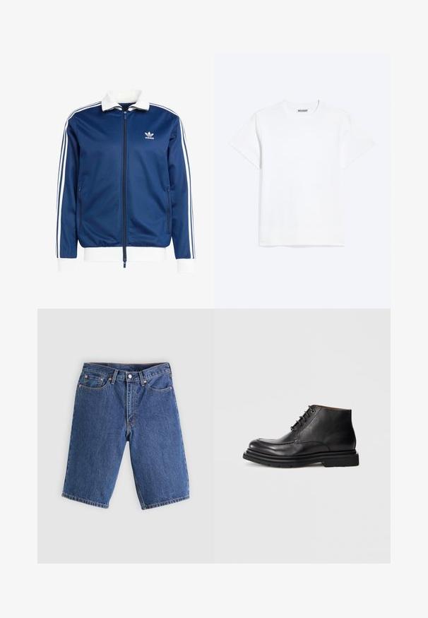 Sininen urheilullinen vetoketjullinen takki, jossa on valkoinen kaulus ja hihansuut, kolmella valkoisella raidalla hihoissa sekä Adidas-logo rinnassa.; Yksinkertainen valkoinen lyhythihainen pyöreäkauluksinen t-paita, jossa on "WEEKDAY"-merkintä sisäkauluksen takaosassa, esitetty vaalealla taustalla.; Siniset farkkuknitut polveen asti ulottuvat shortsit, joissa on etunappi ja vetoketju, vyölenkit ja viiden taskun malli, asetettu tasaisesti vaalealle taustalle.; Mustat nahkasaappaat nilkkapituisilla nauhoilla, pyöreä kärki ja paksu kumipohja tasaisella valkoisella taustalla.