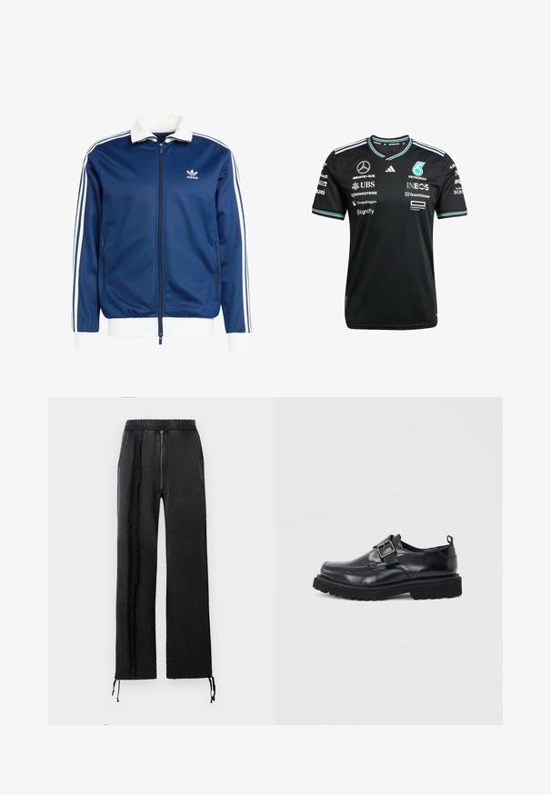 Sininen urheilullinen vetoketjullinen takki, jossa on valkoinen kaulus ja hihansuut, kolmella valkoisella raidalla hihoissa sekä Adidas-logo rinnassa.; Musta urheilupaita lyhyillä hihoilla, valmistettu hengittävästä kankaasta. Sisältää vaaleansinisiä yksityiskohtia ja logoja eri sponsoreilta, mukaan lukien Mercedes ja Petronas.; Mustat housut, joissa on pehmeä kangas, vetoketjukiinnitys, joustava vyötärö ja nyppyiset sivusomisteet. Mukana säädettävät naruvarret.; Musta nahkainen loafer-kenkä, jossa on paksu pohja ja hopeinen solkisilmukka sivulla valkoista taustaa vasten.