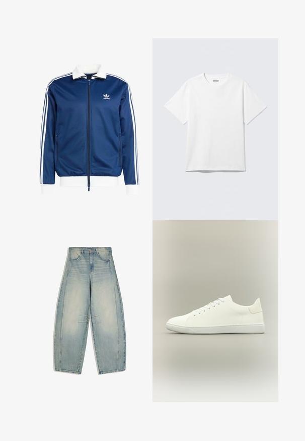 Blauwe sportieve ritsjack met een witte kraag en manchetten, voorzien van drie witte strepen langs de mouwen en een Adidas-logo op de borst.; Witte T-shirt met korte mouwen en ronde hals, plat gelegd, effen ontwerp, met een "WEEKDAY" label in de kraag op een lichte achtergrond.; Lichtblauwe gewassen denim wijde broek met voor- en achterzakken, knoopsluiting en subtiele vervaagde details op dijen en knieën.; Witte lage sneaker met veters, een bovenwerk van glad leer en een platte rubberen zool op een neutrale achtergrond.