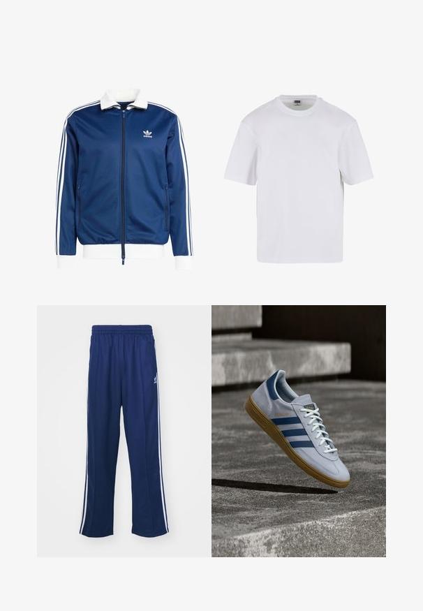 Blå sportslig lynlåsjakke med hvid krave og manchetter, der har tre hvide striber ned ad ærmerne og et Adidas-logo på brystet.; Hvid kortærmet t-shirt lavet af bomuld. Har en rund halsudskæring og en afslappet pasform. Glat tekstur, minimalistisk design, ingen mønstre eller accenter.; Marineblå sportbukser med en afslappet pasform, udstyret med hvide sidestativer og elastisk talje. Glat stof, ingen synlige mønstre eller hardware.; Lyseblå Adidas Spezial sneakers med marineblå striber og gummisål, vist i luften over betontrapper i et neutralt udendørsmiljø.