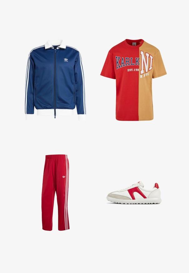 Blauwe sportieve ritsjack met een witte kraag en manchetten, voorzien van drie witte strepen langs de mouwen en een Adidas-logo op de borst.; Rode en gouden gele korte mouwen t-shirt; heeft gedurfde tekst "KARL K" en "NI NYC" met contrasterende kleuren en een losse pasvorm.; Rode Adidas trainingsbroek met elastische tailleband, witte zijstrepen en Trefoil-logo op het rechterdijbeen tegen een witte achtergrond.; Sneakers met een witte leren bovenkant, rode leren accenten en grijze suede. Minimalistisch ontwerp met gestructureerde zool en vetersluiting.