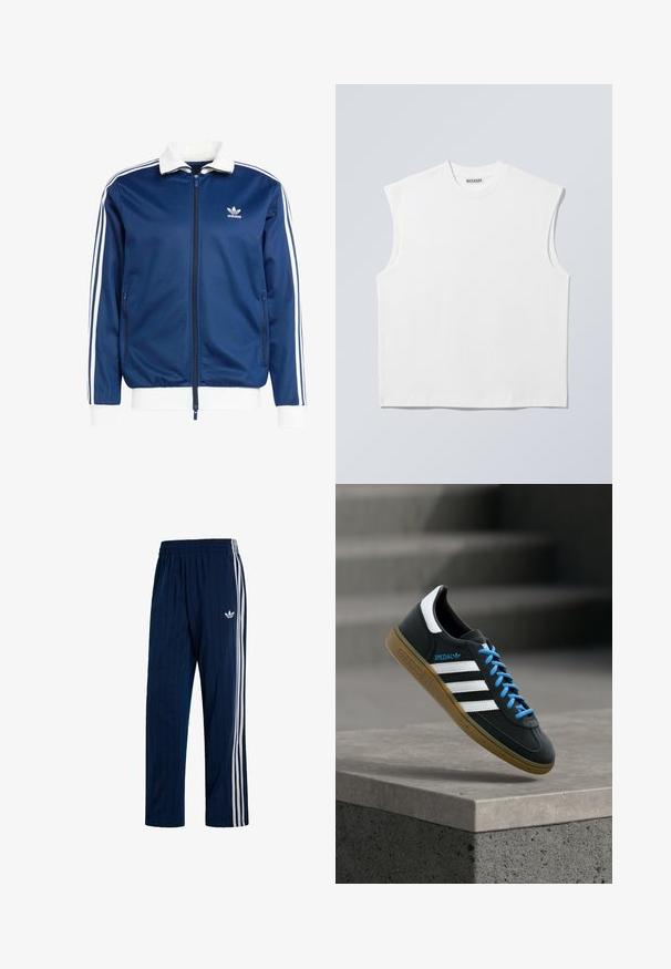 Veste de sport zippée bleue avec un col et des poignets blancs, ornée de trois rayures blanches le long des manches et d'un logo Adidas sur la poitrine.; Haut blanc sans manches en coton à col rond avec épaules structurées, marqué "WEEKDAY" sur l'étiquette du col, présenté sur un fond gris clair.; Pantalon de survêtement Adidas bleu marine avec trois bandes blanches sur les côtés et une taille élastique, avec un logo trefoil blanc sur la cuisse gauche.; Baskets Adidas noires avec des rayures blanches, des lacets bleus et une semelle en gomme flottant au-dessus d'une marche en béton grise sous une lumière douce.
