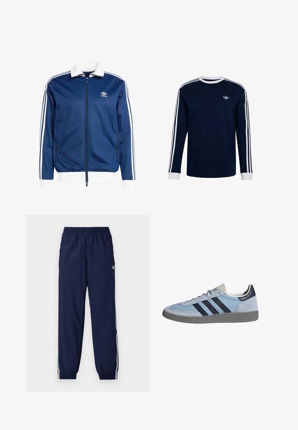 Veste de sport zippée bleue avec un col et des poignets blancs, ornée de trois rayures blanches le long des manches et d'un logo Adidas sur la poitrine.; Chemise Adidas bleu marine à manches longues avec poignets blancs, col blanc, trois bandes blanches sur les manches et logo trèfle Adidas sur la poitrine.; Pantalon de survêtement bleu marine en tissu léger, avec des bandes blanches sur les côtés, une taille élastique et un petit logo.; Baskets Adidas bleu clair avec bandes bleu foncé, bout et talon en daim, semelle texturée et fermeture à lacets, vue de côté sur fond blanc.