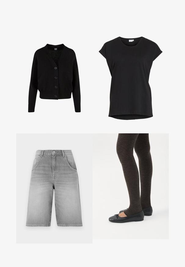 Cardigan en maille noire à manches longues, bords-côtes aux poignets et à l'ourlet, col en V et quatre boutons sur le devant.; T-shirt noir décontracté à manches courtes avec bracelets roulés et encolure ronde de la marque VILA.; Shorts en denim gris à coupe droite, avec une fermeture à bouton et à fermeture éclair, deux poches avant et une texture délavée.; Jambes portant des leggings côtelés foncés associés à des ballerines noires avec de petits détails en nœud sur fond blanc.