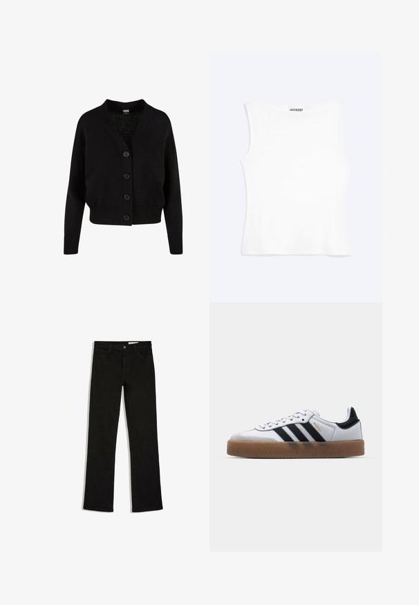 Sort strikket cardigan med lange ærmer, ribstrikkede manchetter og kant, V-hals og fire knapper foran.; Hvid tætsiddende ærmeløs tanktop med rund halsudskæring og minimalistisk design, mærket "WEEKDAY" indeni kraven.; Sorte jeans med lige ben, med frontknap og lommer, lagt fladt på en hvid baggrund, viser fuld længde og taljedetaljer.; Hvide lædersneakers med sorte striber, gummirubber sål, rund tå, snørelukning og blød grå ruskinds tåhætte.