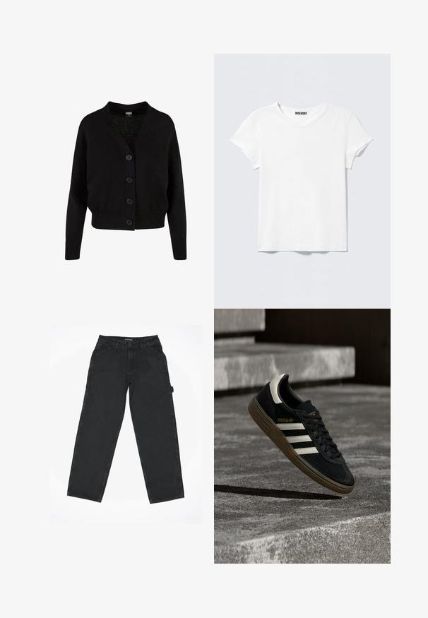 Zwarte gebreide cardigan met lange mouwen, geribde boorden en zoom, V-hals en vier knopen aan de voorkant.; Effen wit T-shirt met korte mouwen en V-hals, met een klein "WEEKDAY" label aan de binnenkant van de kraag, getoond op een lichtgrijze achtergrond.; Zwarte denimbroek met een recht model, voorzien van voorzakken, riemlussen en een knopenvlieg. Zorgt voor een gladde textuur, zonder zichtbare patronen.; Zwarte Adidas sneaker met witte strepen en gumzool die boven grijze betonnen trappen zweeft in natuurlijk licht.