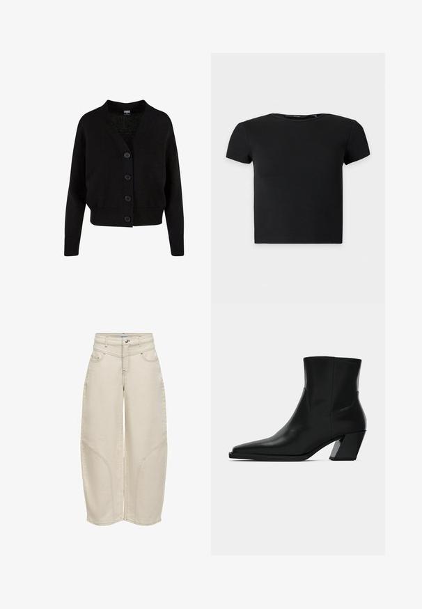 Sort strikket cardigan med lange ærmer, ribstrikkede manchetter og kant, V-hals og fire knapper foran.; Sort kortærmet ribbet crop top med rund halsudskæring, vist på en ensfarvet lys baggrund.; Buks i cremefarvet med vide ben, med for- og baglommer, bæltestropper og buede sømdetaljer på benene.; Sortlæder ankelstøvle med spids tå, en slank silhuet og en kraftig firkantet hæl. Glat tekstur med minimale stikninger.