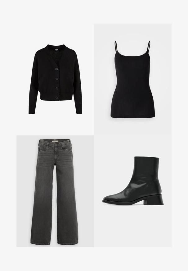 Zwarte gebreide cardigan met lange mouwen, geribde boorden en zoom, V-hals en vier knopen aan de voorkant.; Zwarte camisole met dunne verstelbare bandjes, gladde rekstof en een aansluitende pasvorm. Geen patronen of versieringen.; Wijde denim jeans in donkergrijs, met een gestructureerde taille met ceintuurlussen, een ontwerp met vijf zakken en subtiele vervaging op de stof.; Zwarte enkelboot van glanzend leer, met een slank ontwerp, spitse neus en een gematigde blokhak voor stabiliteit.