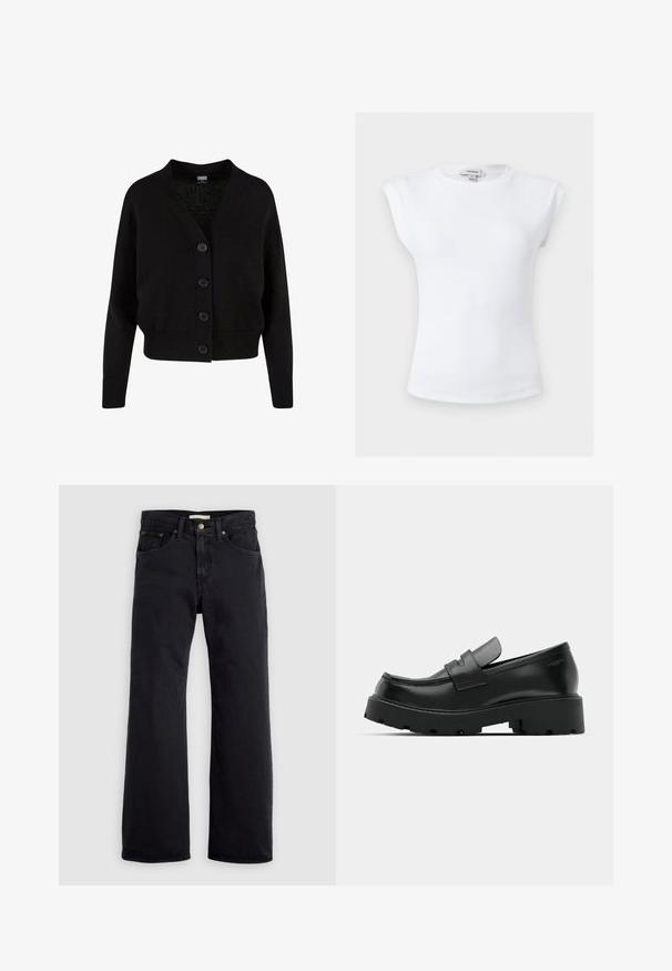 Sort strikket cardigan med lange ærmer, ribstrikkede manchetter og kant, V-hals og fire knapper foran.; Hvid ribbet ærmeløs top med polstrede skuldre og rund halsudskæring, størrelse small, mærket Topshop indvendigt i kraven.; Sorte jeans med høj talje og lige ben med knap, lynlås foran og fem-lommer design mod en ensfarvet lys baggrund.; Sorte læder loafers med en chunky tekstureret sål, der har en rem over vamps og en glat, poleret finish.