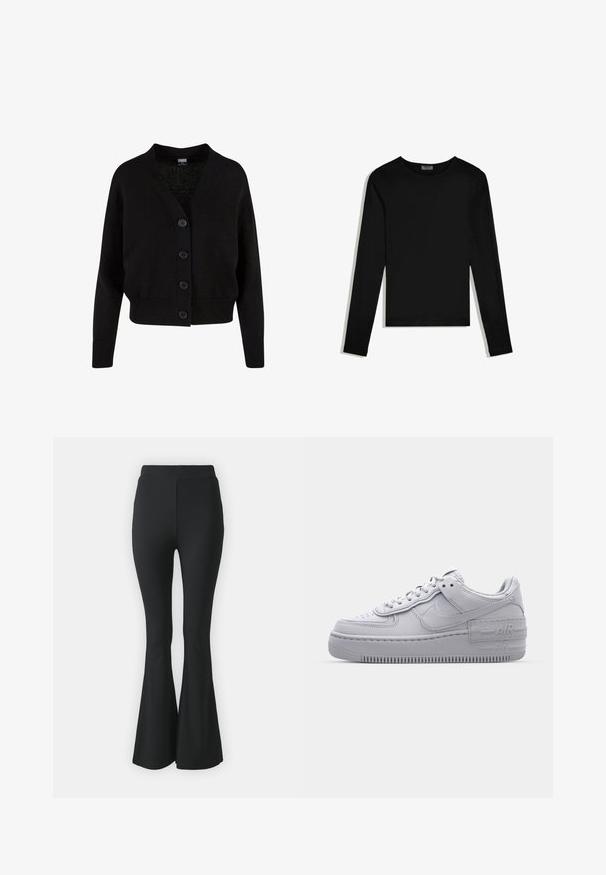 Cardigan en maille noire à manches longues, bords-côtes aux poignets et à l'ourlet, col en V et quatre boutons sur le devant.; T-shirt noir à manches longues avec col rond, design épuré, posé à plat sur un fond blanc.; Pantalons noirs évasés en tissu extensible. Présentent une taille haute et un design lisse et ajusté qui s'évase à partir du genou.; Basket en cuir lisse gris Nike Air Force 1 avec un bout perforé, une semelle épaisse et un détail 'AIR' en relief sur le talon.