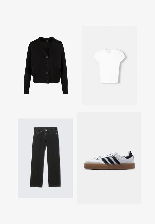 Sort strikket cardigan med lange ærmer, ribstrikkede manchetter og kant, V-hals og fire knapper foran.; Hvid kortærmet t-shirt lavet af blød bomuld, med rund halsudskæring og en tætsiddende form. Ingen synlige mønstre eller udsmykninger.; Sorte straight-leg denim jeans med fem lommer, knaplukning og bæltestropper, vist fladt på en lys baggrund.; Hvide lædersneakers med sorte striber, gummirubber sål, rund tå, snørelukning og blød grå ruskinds tåhætte.