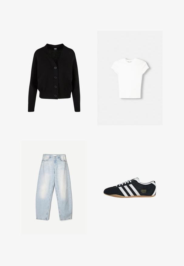 Zwarte gebreide cardigan met lange mouwen, geribde boorden en zoom, V-hals en vier knopen aan de voorkant.; Witte t-shirt met korte mouwen van zachte katoen, met een ronde halslijn en een getailleerde vorm. Geen zichtbare patronen of versieringen.; Lichtblauwe denim jeans met een losse pasvorm, voorzien van een vervaagde afwerking, twee voorzakken en een knoopsluiting bij de taille.; Zwarte suède sneaker met witte drie strepen, gouden logo en een bruine rubberen zool. Heeft een laag profiel vetersluiting ontwerp.