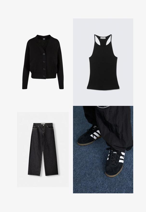 Zwarte gebreide cardigan met lange mouwen, geribde boorden en zoom, V-hals en vier knopen aan de voorkant.; Zwarte mouwloze racerback tanktop met "WEEKDAY" label op de bovenrug, getoond tegen een lichtgrijze achtergrond.; Zwarte jeans met wijde pijpen, voorzakken en zilveren knoopsluiting, plat gelegd op een lichtgrijze achtergrond.; Zwarte suède sportschoenen met drie witte strepen en zwarte veters. Een gestructureerde zwarte broek is deels zichtbaar naast de schoenen.