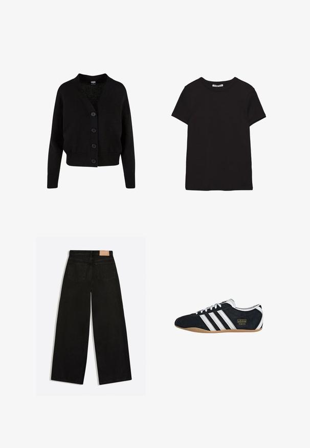 Sort strikket cardigan med lange ærmer, ribstrikkede manchetter og kant, V-hals og fire knapper foran.; Sort kortærmet t-shirt i bomuld med rund halsudskæring, standard pasform og synlig indvendig halsmærkat.; Sorte vidde jeans set bagfra med to baglommer og en brun lædermærke på linningen.; Sort ruskinds sneaker med hvide tre striber, guldlogo og en brun gummisål. Har et lavprofil snørebåndsdesign.
