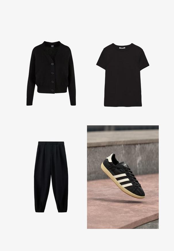 Sort strikket cardigan med lange ærmer, ribstrikkede manchetter og kant, V-hals og fire knapper foran.; Sort kortærmet t-shirt i bomuld med rund halsudskæring, standard pasform og synlig indvendig halsmærkat.; Sorte højtaljede bukser med smalle ben, folder ved taljen og ved manchetterne samt sidelommer, vist på en hvid baggrund.; Sort Adidas sneaker med hvide striber og beige sål, fanget i luften over en stenet overflade og baggrund af en stenmur.