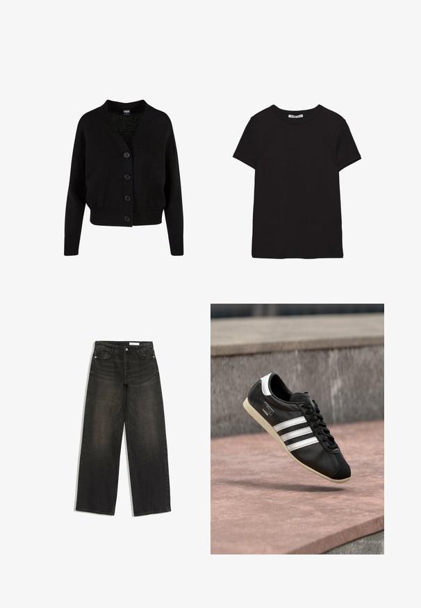 Cardigan en maille noire à manches longues, bords-côtes aux poignets et à l'ourlet, col en V et quatre boutons sur le devant.; T-shirt noir en coton à manches courtes avec encolure ronde, coupe standard et étiquette intérieure visible au niveau du col.; Jean noir à jambes larges avec poches avant, passants de ceinture et fermeture à bouton sur fond blanc.; Baskets en cuir noir avec des rayures blanches et une semelle blanche, lacées, flottant au-dessus d'une surface en béton rosée avec un mur en pierre grise en arrière-plan.