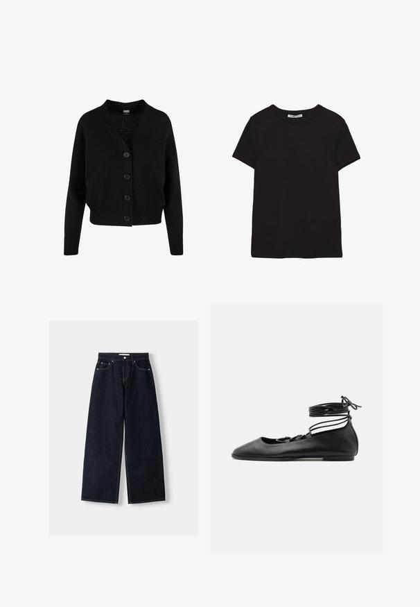 Sort strikket cardigan med lange ærmer, ribstrikkede manchetter og kant, V-hals og fire knapper foran.; Sort kortærmet t-shirt i bomuld med rund halsudskæring, standard pasform og synlig indvendig halsmærkat.; Mørkeblå denim wide-leg jeans med høj talje, fem lommer, kontraststing og sølvfarvet metalbeslag. Glat overflade og pæn finish.; Sort læder flad balletsko med spids tå, flere tynde stropper over toppen og snørebånd viklet rundt om anklen.