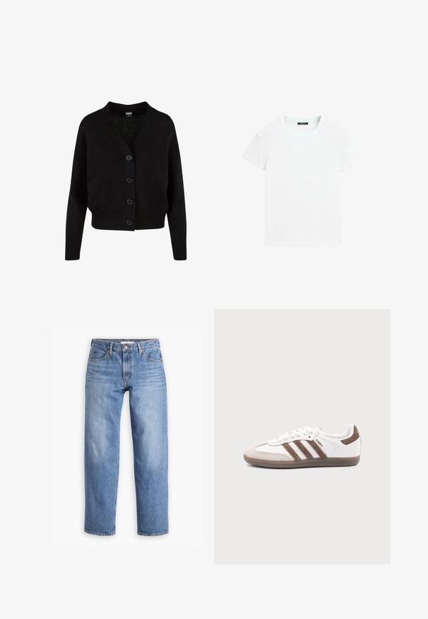Sort strikket cardigan med lange ærmer, ribstrikkede manchetter og kant, V-hals og fire knapper foran.; Hvid t-shirt med korte ærmer og rund halsudskæring, lagt fladt på en hvid baggrund.; Lyseblå denimjeans med lige pasform, fem lommer og lynlåsgylf. Stoffet har en klassisk tekstureret overflade med let falming.; Hvid Adidas Samba sneaker med brune ruskindstriber, brun gummisål og beige ruskindståhætte, vist fra ydersiden på en ensfarvet baggrund.