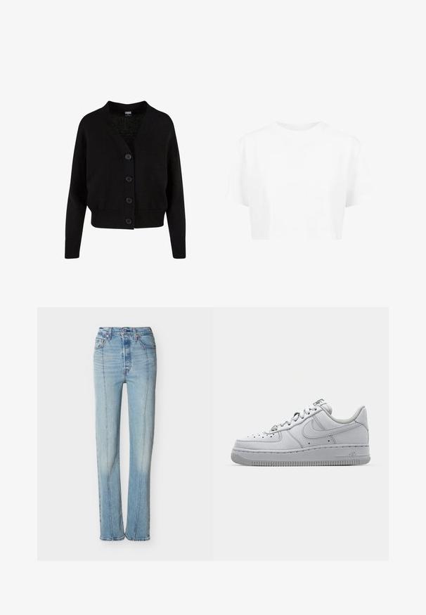 Sort strikket cardigan med lange ærmer, ribstrikkede manchetter og kant, V-hals og fire knapper foran.; Hvid cropped t-shirt, korte ærmer, rund halsudskæring, lavet af blødt stof, uden synlige mønstre eller distinkt hardware.; Lyseblå jeans med høj talje og lige ben, forstærket med syninger foran, knaplukning og fem-lomme design på hvid baggrund.; Hvid lædersneaker med lavt design, rund tå, perforerede detaljer og en tekstureret gummisål. Har grå accenter på tungen.
