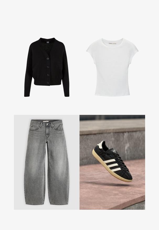 Zwarte gebreide cardigan met lange mouwen, geribde boorden en zoom, V-hals en vier knopen aan de voorkant.; Witte katoenen T-shirt met korte, opgerolde mouwen, een ronde halslijn en een rechte zoom. Gladde textuur zonder zichtbare patronen of accenten.; Grijze wijde jeans van denim met knoop en rits aan de voorkant, riemlussen en vijfzakken ontwerp op een effen achtergrond.; Zwarte Adidas sneaker met witte strepen en beige zool, vastgelegd in de lucht boven een stenen oppervlak en een stenen muur op de achtergrond.