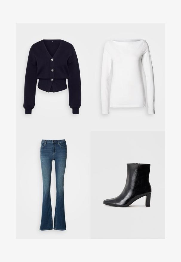 Cardigan court bleu marine en tissu tricot doux. Présente un décolleté en V profond et cinq boutons décoratifs. Manches longues et volumineuses avec des poignets côtelés.; Chemise blanche à manches longues en coton, avec un large col bateau et une silhouette ajustée. Texture lisse sans motifs ni accents visibles.; Jean évasé en denim bleu délavé, avec poches avant, taille haute et détails usés avec coutures visibles.; Bottine noire en cuir brillant, avec un bout pointu et un talon carré moyen, présentant une texture lisse et un design simple.
