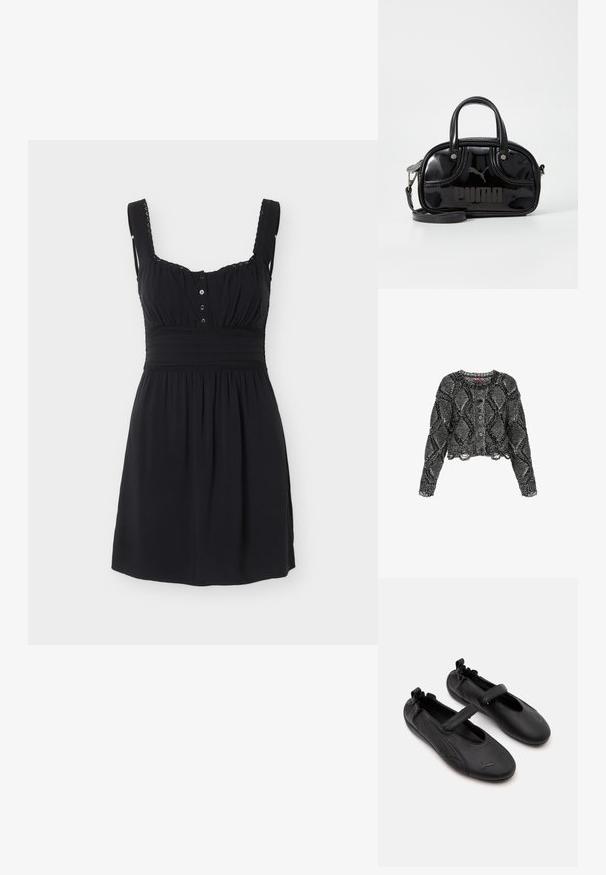 Knit cardigan hitam-putih yang dipotong dengan pola berlian, leher bulat, kancing depan, dan tepi yang terurai di pergelangan tangan dan hem.; Musta hihaton mekko, jossa leveät pitsireunaiset olkaimet, napillinen etukappale, istutettu vyötärö ja helma, joka on kerrostettu.; Pari mustia Mary Jane -tyylisiä nahkakenkiä, joissa joustava takaosa ja tarranauha, jokaisessa varpaassa hillitty Puma-logo.; Musta lakattu nahkainen käsilaukku, jossa on kaksinkertaiset yläkahvat, irrotettava olkahihna, pyöreä muoto ja näyttävä kohokuvioitu "PUMA"-logo.