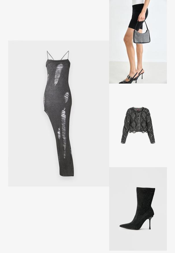 Cárdigan de punto en blanco y negro cortado, con un patrón de diamantes, cuello redondo, botones en la parte delantera y bordes deshilachados en los puños y el dobladillo.; Vestido largo de punto negro con tirantes finos, que presenta numerosas secciones recortadas creando un efecto de patrón. Textura suave con una silueta ajustada.; Bota negra de tacón alto con punta afilada, cubierta de brillantes cristales, que cuenta con un eje de punto elástico y un elegante tacón de aguja.; Bolso de cuentas negras con una silueta curva, asa de transporte y textura brillante. Llevado con zapatos de tacón altos negros y pantalones cortos negros ajustados.