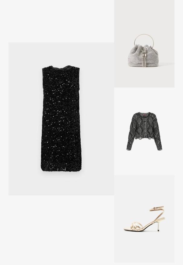 Cárdigan de punto en blanco y negro cortado, con un patrón de diamantes, cuello redondo, botones en la parte delantera y bordes deshilachados en los puños y el dobladillo.; Vestido negro sin mangas cubierto de lentejuelas, con un escote redondo y cinta atada en la parte posterior, corte recto sin herrajes visibles.; Sandalia rosa dorada de tacón alto con una fina correa en el tobillo y un tacón bajo y delgado sobre fondo blanco.; Pequeño bolso de noche plateado cubierto de brillantes pedrería con un asa metálica redonda y dos borlas decorativas en la parte delantera.