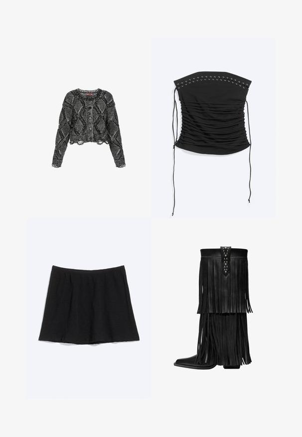 Knit cardigan hitam-putih yang dipotong dengan pola berlian, leher bulat, kancing depan, dan tepi yang terurai di pergelangan tangan dan hem.; Musta olkaimeton rypytetty korsettitoppi nyörityksellä ja pitkillä sivunauhoilla, asetettuna litteästi vaalealle taustalle.; Mustaa A-linjainen minihame, jossa pehmeä kangas ja lievästi kerätyt yksityiskohdat vyötäröllä, esitetty yksinkertaisella valkoisella taustalla.; Mustat nahkakengät, joissa on pitkä piruetti, niittiyksityiskohtia varressa, teräväkärkinen ja tukevalla lohkareen korolla. Teksturoitu pinta kauttaaltaan.