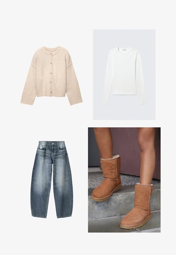 Cardigan en laine beige avec encolure ronde, cinq boutons sur le devant, manches longues et poignets et ourlet côtelés.; T-shirt blanc uni à manches longues avec col rond et coupe slim, présenté sur un fond gris clair.; Jean large en denim bleu clair avec décoloration, présentant un design à cinq poches, un bouton de fermeture et des détails de couture minimaux.; Bottines en suede marron, à bout rond, avec une doublure douce et une semelle en caoutchouc, présentant des détails de couture visibles le long des coutures.