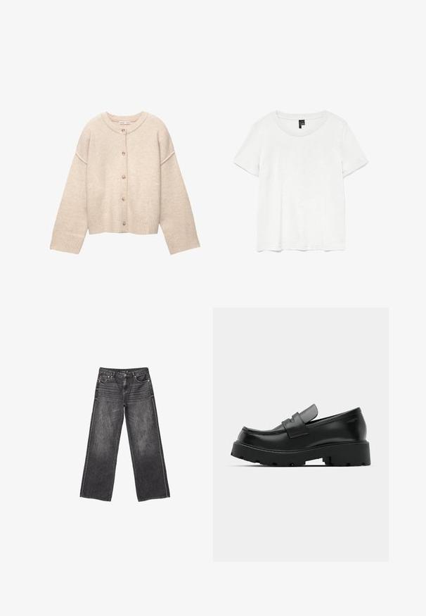 Cardigan en laine beige avec encolure ronde, cinq boutons sur le devant, manches longues et poignets et ourlet côtelés.; T-shirt blanc à manches courtes avec un col rond, fabriqué en tissu léger. Design simple, texture lisse et ourlet droit.; Jean en denim gris foncé à jambes larges avec poches avant et arrière, fermeture à bouton et dégradé subtil.; Mocassins en cuir noir avec une semelle épaisse et texturée, dotés d'une sangle sur le vamp et d'une finition lisse et polie.