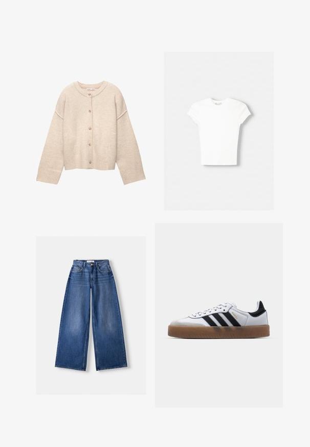 Cardigan en laine beige avec encolure ronde, cinq boutons sur le devant, manches longues et poignets et ourlet côtelés.; T-shirt blanc à manches courtes en coton doux, avec un col rond et une coupe ajustée. Pas de motifs ni d'ornements visibles.; Jeans en denim bleu à jambes larges avec poches avant, passants de ceinture et fermeture par bouton, posés à plat sur un fond clair.; Baskets en cuir blanc avec des rayures noires, semelle extérieure en caoutchouc beige, bout rond, fermeture lacée et embout en suède gris doux.