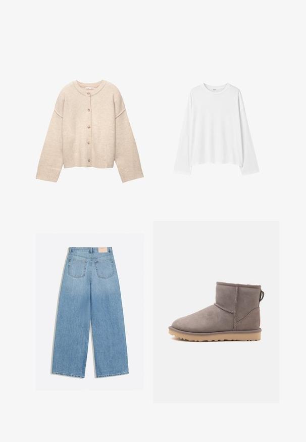 Cardigan en laine beige avec encolure ronde, cinq boutons sur le devant, manches longues et poignets et ourlet côtelés.; T-shirt blanc uni à manches longues avec col rond, coupe décontractée et ourlet droit, présenté sur fond blanc.; Jean denim bleu clair à jambes larges avec deux poches arrière et une petite étiquette de marque beige sur la ceinture.; Botte d’hiver grise en suède à cheville basse, avec doublure douce et semelle en caoutchouc beige, vue de profil sur fond blanc uni.