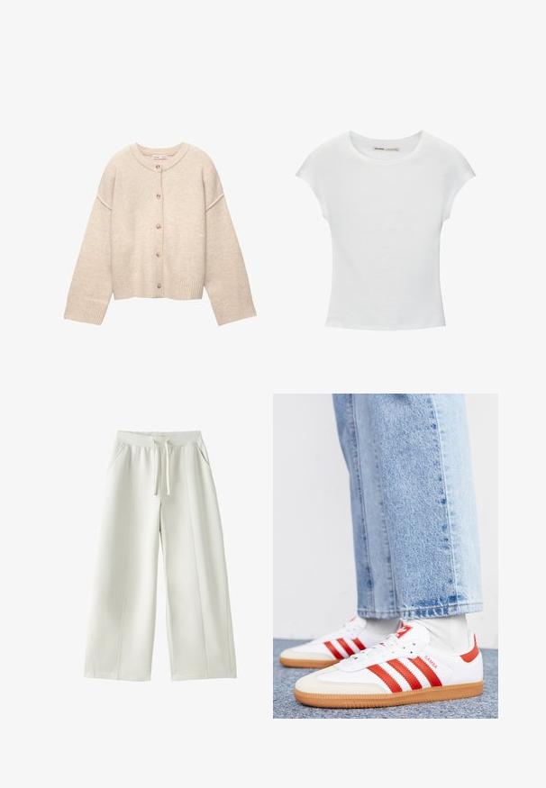 Cardigan en laine beige avec encolure ronde, cinq boutons sur le devant, manches longues et poignets et ourlet côtelés.; T-shirt en coton blanc avec manches courtes retroussées, encolure ronde et ourlet droit. Texture lisse sans motifs ni accents visibles.; Pantalon blanc à jambes larges avec taille élastique, cordon de serrage à l'avant, poches latérales, et détails de coutures visibles sur un fond uni.; Baskets en cuir blanc avec des rayures et des accents rouges. Dotées d'une semelle extérieure en gomme texturée et d'un col rembourré. Portées avec un jean en denim bleu clair.