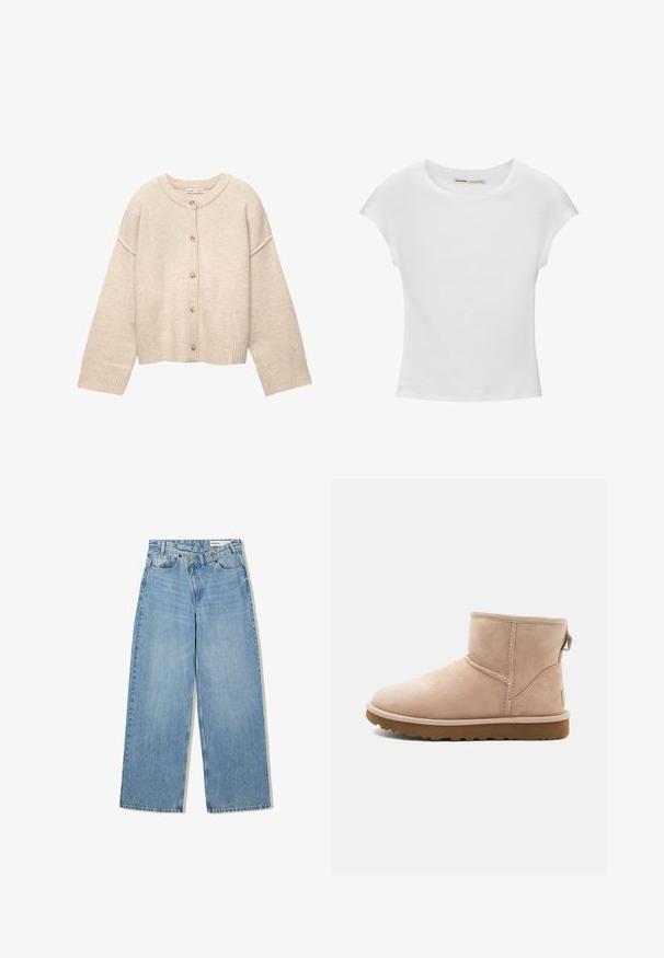 Cardigan en laine beige avec encolure ronde, cinq boutons sur le devant, manches longues et poignets et ourlet côtelés.; T-shirt en coton blanc avec manches courtes retroussées, encolure ronde et ourlet droit. Texture lisse sans motifs ni accents visibles.; Jean large bleu clair en denim, avec taille haute, cinq poches, fermeture à bouton et un léger délavage pour la texture.; Bottine en daim beige à bout arrondi, avec des accents cousus et une semelle en caoutchouc brun texturé. Elle se distingue par une languette à l'arrière.