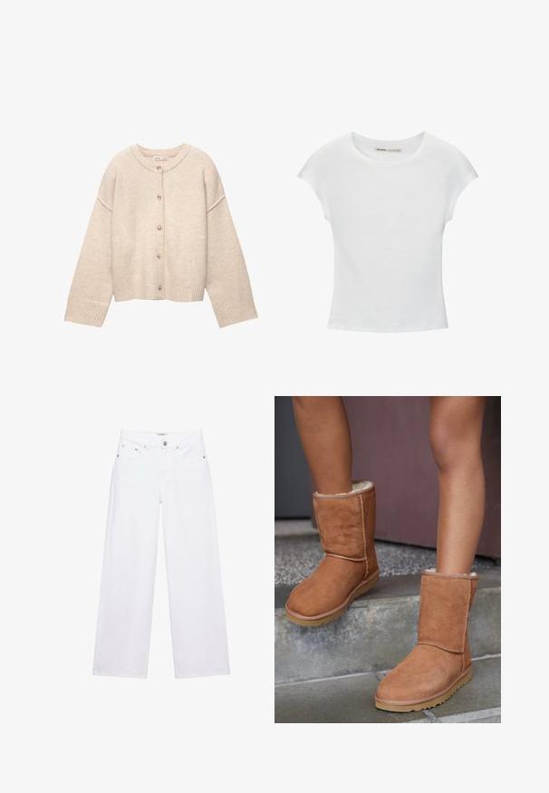 Cardigan en laine beige avec encolure ronde, cinq boutons sur le devant, manches longues et poignets et ourlet côtelés.; T-shirt en coton blanc avec manches courtes retroussées, encolure ronde et ourlet droit. Texture lisse sans motifs ni accents visibles.; Jean blanc taille haute à jambes larges avec fermeture à boutons et zip, poches avant et arrière, et détails en rivets argentés.; Bottines en suede marron, à bout rond, avec une doublure douce et une semelle en caoutchouc, présentant des détails de couture visibles le long des coutures.