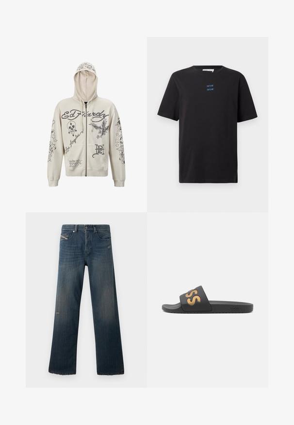 Beige zip-up huppari, jossa on huppu. Siinä on mustia graafisia kuvastoja, mukaan lukien teksti ja kuvastot pääkallosta ja kotkasta. Kaksi etutaskua.; Mustapaitapaita, jossa on lyhyet hihat, pyöreä kaula-aukko ja pieni sininen "SAMSOE SAMSOE" -tekstilogo keskitettynä rinnassa.; Siniset farkut suoranlahkeisella muotoilulla, haalistuneella tekstuurilla, revityllä helmalla ja kuluneilla yksityiskohdilla etutaskussa ja reiden alueella.; Musta liukusandaali, jossa on leveä hihna ja kohotettu kultainen logo. Raskastettu pohja ja sileä yläosa, suunniteltu vapaaseen käyttöön.