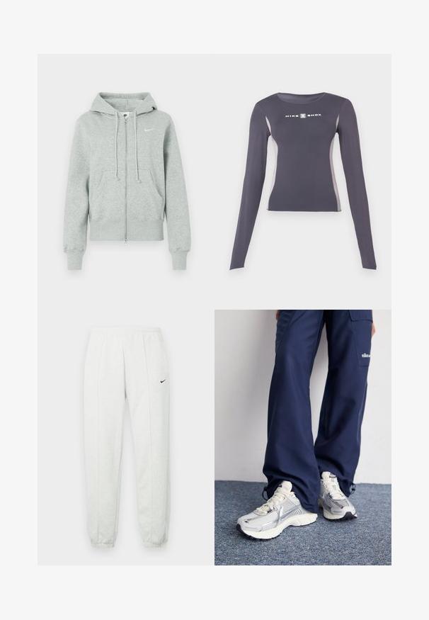 Hellgraue Nike Kapuzenjacke mit Kapuze, Fronttaschen, Kordelzügen, gerippten Bündchen und weißem Nike Swoosh-Logo auf der Brust.; Dunkelgraues, langärmliges, eng anliegendes Sportoberteil mit hellgrauen Seitenpaneelen und weißem "Nike Shox"-Logo auf der Brust.; Hellgraue Nike-Jogginghose mit elastischem Bund, zulaufenden Bündchen und einem kleinen schwarzen Logo am linken Oberschenkel. Weicher, strukturierter Stoff.; Nike Sportschuhe mit einem silbernen Mesh-Obermaterial, weißen Akzenten und strukturierten Sohlen, kombiniert mit locker sitzenden marineblauen Hosen.