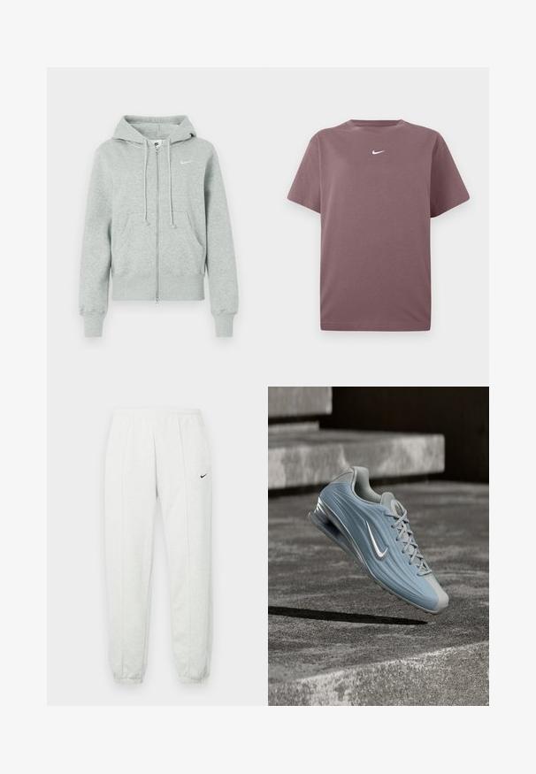 Lichtgrijze Nike trainingsjack met rits, capuchon, voorzakken, trekkoorden, geribbelde manchetten en wit Nike swoosh-logo op de borst.; Effen mauve korte mouwen crewneck t-shirt met een klein wit Nike swoosh op de borst, weergegeven op een witte achtergrond.; Lichtgrijze Nike joggingbroek met een elastische tailleband, taps toelopende boorden en een klein zwart logo op de linker dij. Zachte, gestructureerde stof.; Lichtblauwe en grijze Nike sportschoen met zichtbare luchtzoolcushioning, zwevend boven een betonnen oppervlak met trappen op de achtergrond.