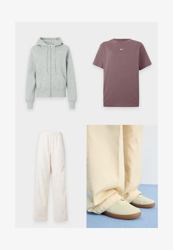 Hellgraue Nike Kapuzenjacke mit Kapuze, Fronttaschen, Kordelzügen, gerippten Bündchen und weißem Nike Swoosh-Logo auf der Brust.; Ein einfarbiges mauve T-Shirt mit kurzen Ärmeln und Rundhalsausschnitt, mit einem kleinen weißen Nike-Swoosh in der Mitte der Brust, auf weißem Hintergrund präsentiert.; Locker sitzende, crèmefarbene Hose mit elastischem Bund und geradem Beinschnitt, vor einem einfarbigen weißen Hintergrund präsentiert.; Grüne Wildledersneaker mit runden Zehen und strukturierten Sohlen, kombiniert mit weiten beigen Hosen, auf einer blauen Fläche.