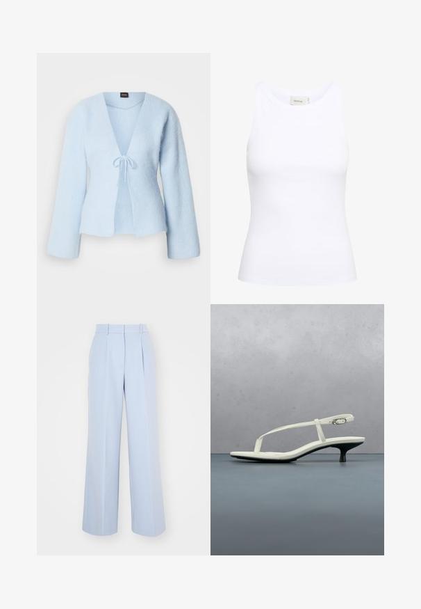 Cardigan en laine bleu clair avec un décolleté en V profond, des manches évasées longues et une fermeture à nouer à la taille. Texture douce avec une coupe décontractée.; Débardeur blanc côtelé avec un col rond et sans manches. Tissu extensible et design ajusté. Étiquette au dos indiquant "GESTUZ."; Pantalons larges bleu clair avec une taille haute, dotés de plis à l'avant, fabriqués dans un tissu tissé lisse. Pas de matériel visible.; Sandale blanche à talon kitten avec des lanières et un bout pointu, flottant au-dessus d'un sol en carrelage en bois en plein air avec un arrière-plan flou de plante et de mur.