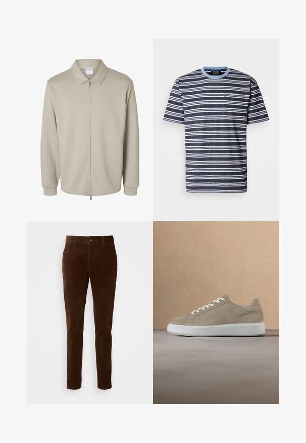 Helebeež pikkade varrukatega jakk esiluku ja terava kraega, kaeluses nähtav "Selected Homme" silt.; Scotch & Soda DYE STRIPE - Trükipildiga T-särk - blue; Pruunid korduroystrellid sirge sääre disainiga, varustatud nööbi sulgemise ja peene vertikaalse ribakujundusega tekstuuriga.; Beežist seemisnahast toss valgete paelte ja paksu valge tallaga, hõljumas beežikarva vaiba kohal beežist diivani ees.